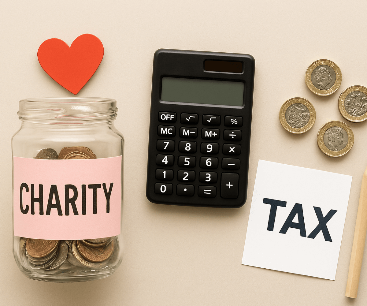 charitable donations, glass jar, calculator, tax return