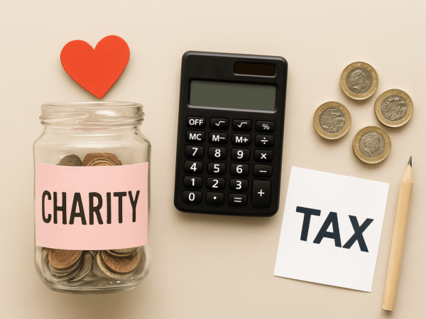 charitable donations, glass jar, calculator, tax return